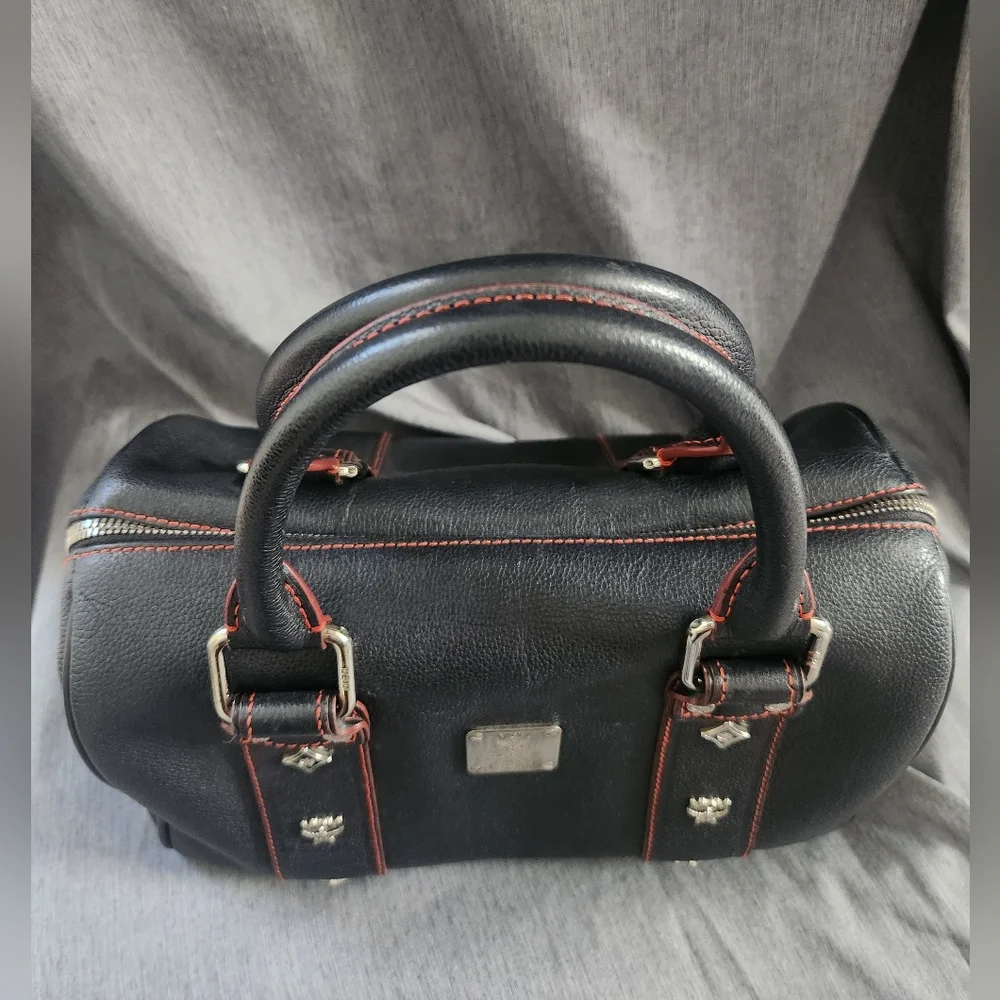 MCM Black Pebbled Leather Studded Boston Bag - Picture 3 of 12